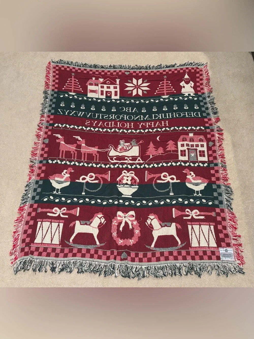 Vintage Crown Crafts 100% Cotton Woven Christmas Throw Red Green